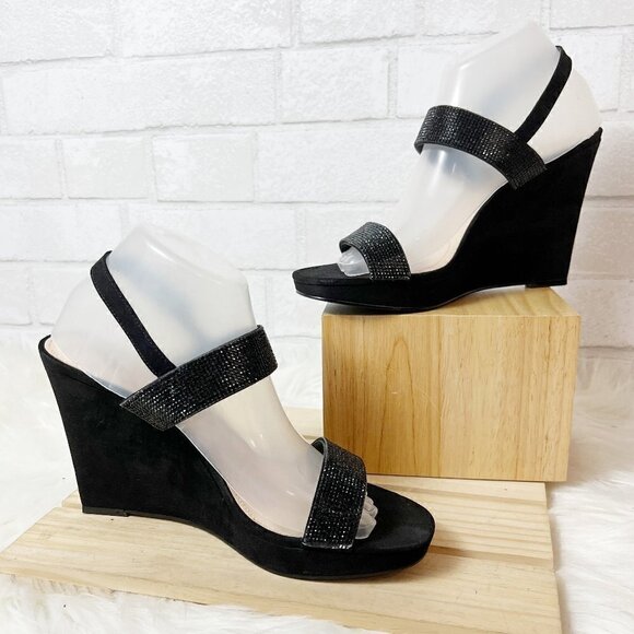 Nina Adila Black Wedge Rhinestone Slingback Open Toe Sandal Women's Size 9M - Picture 9 of 9